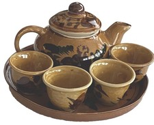 Chinese Miniature Ceramic Tea Set Teapot, Cups  Tray 7 Pieces Beautiful 