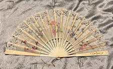 Antique Victorian Hand Fan Painted Floral Net Leaf Lace Carved Gilt Sticks