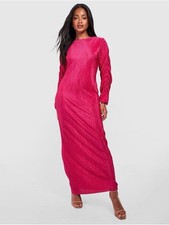 NWT Boohoo Hot Pink Plissé Ruched Sleeve Maxi Dress Women's Size 4 Long