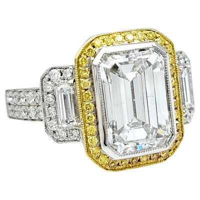 Simon G 3.50 Carat Emerald Cut Diamond 3 Stone Engagement Ring Two-Tone 18K Gold