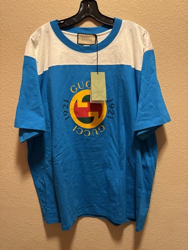 New Authentic Gucci GG 1921 Logo Blue White T Shirt Size XXL