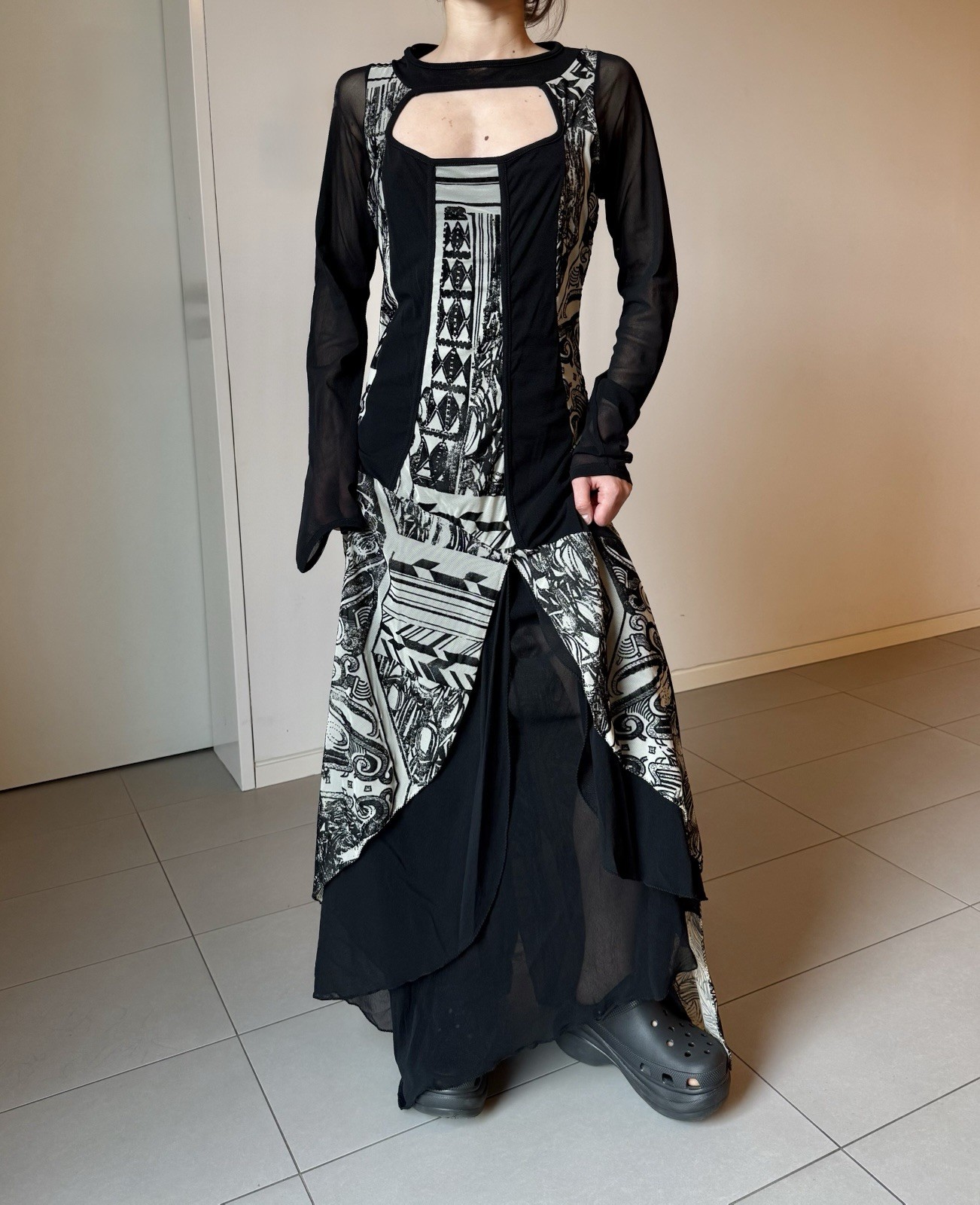 DDP Save The Queen Black Mesh white Avant Garde Maxi Gothic Dress y2k vintage