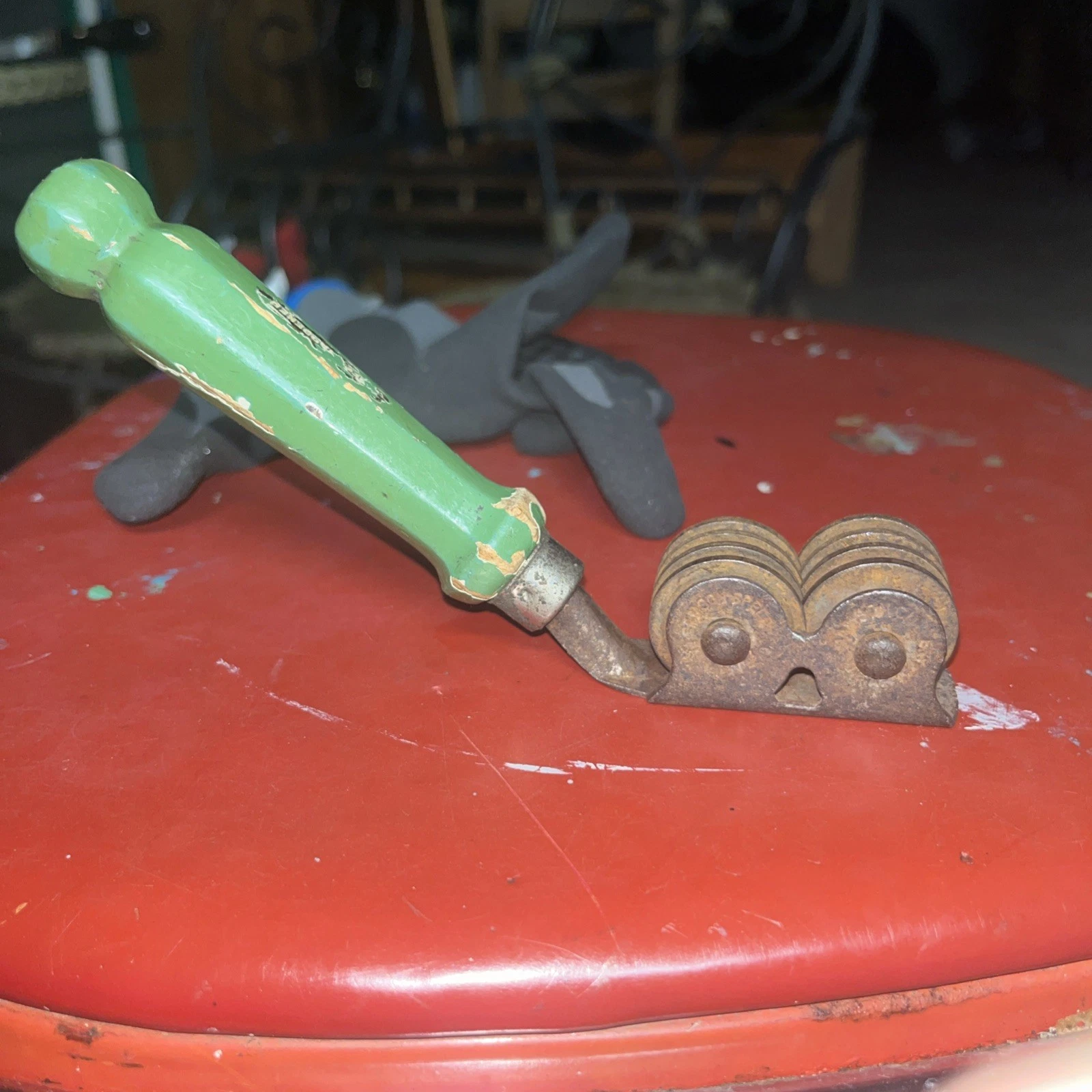 Rustic VTG A&J Draw-Thru Knife Sharpener Green Wood Handle Made In The USA