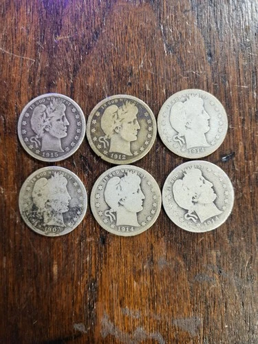 Barber Quarters 90% Junk Silver- Lot Of 6- Early 1900s Dates