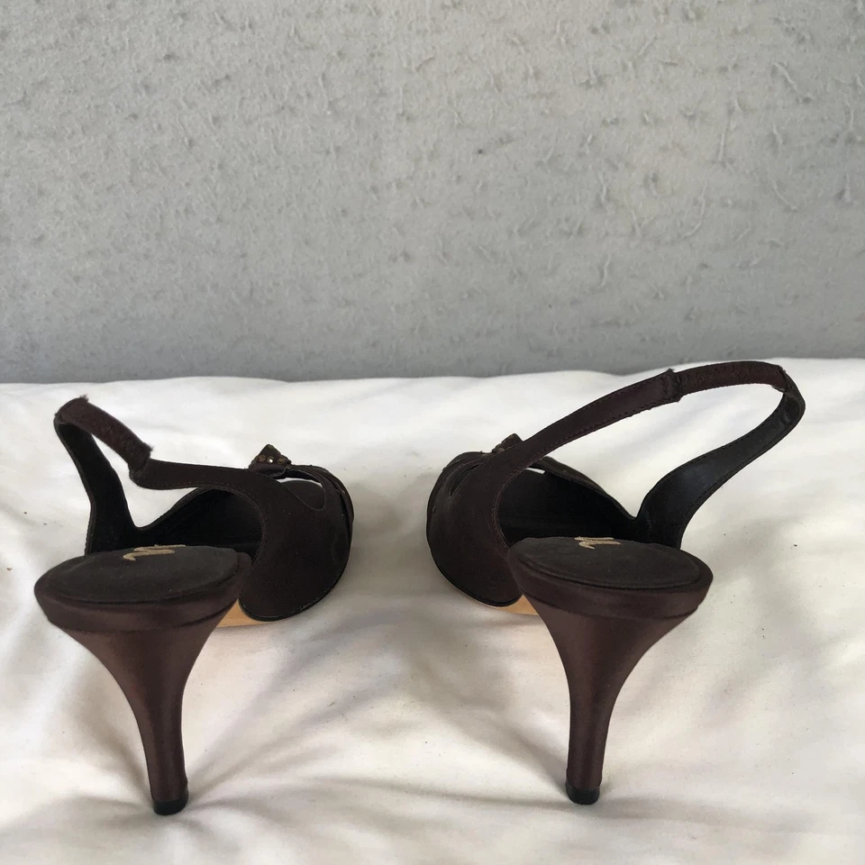 Zapatos Nina para mujer talla 5,5 marrón satinado con cordones punta abierta tacones lazo suela de cuero Foto 3 de 4