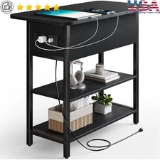 Narrow End Table W/ Charging Station 2 USB Ports AC Outlets Storage & Display