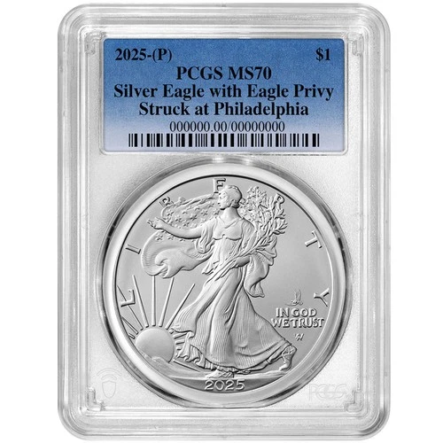 2025 (P) $1 American Silver Eagle First Eagle Privy PCGS MS70 Blue Label