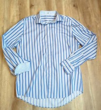 Mens Bugatchi Blue White Striped Button Down Long Sleeve Flip Cuff Shirt Sz L