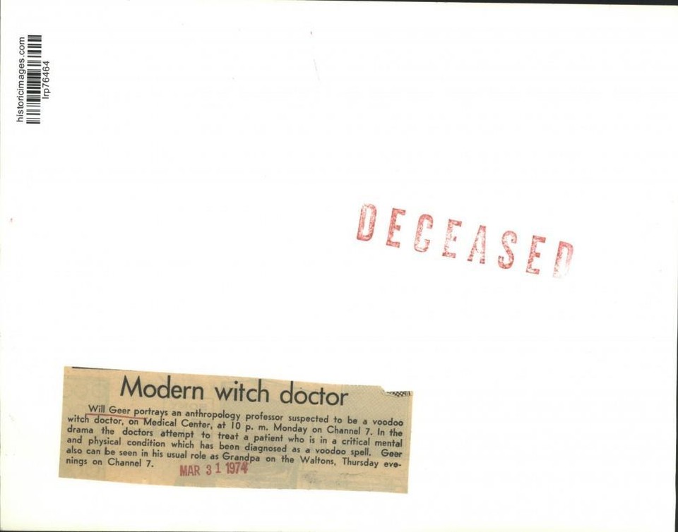 1974 Press Photo Actor Will Geer on "Medical Center" TV Show lrp76464