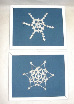 Two Hand Crocheted Snowflakes in 8 X 10 Frames - EUC