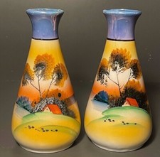 Japanese Set of Hand Painted Bud Vases Cottage Scene Ceramic/Porcelain 1950's