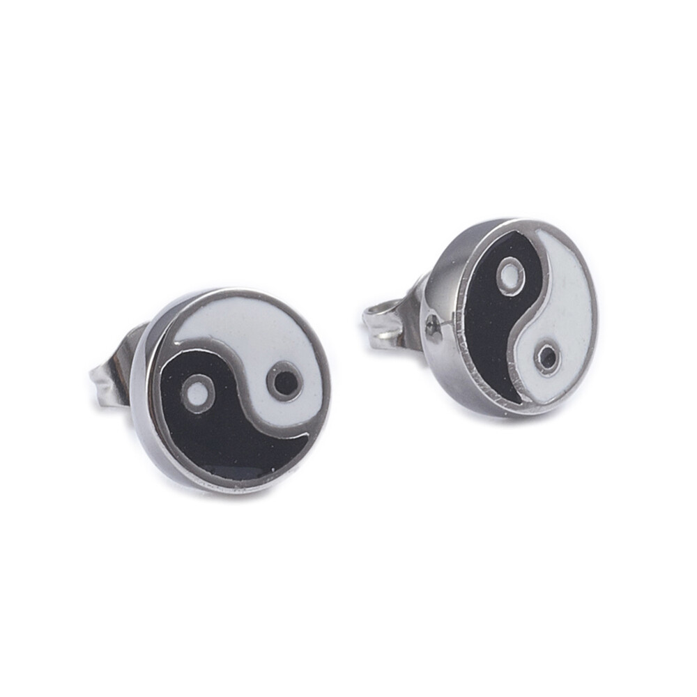 Stud Earrings Finding Silver Plated Round Yin Yang Black  9.7mm, Pin: 0.6mm P316-image