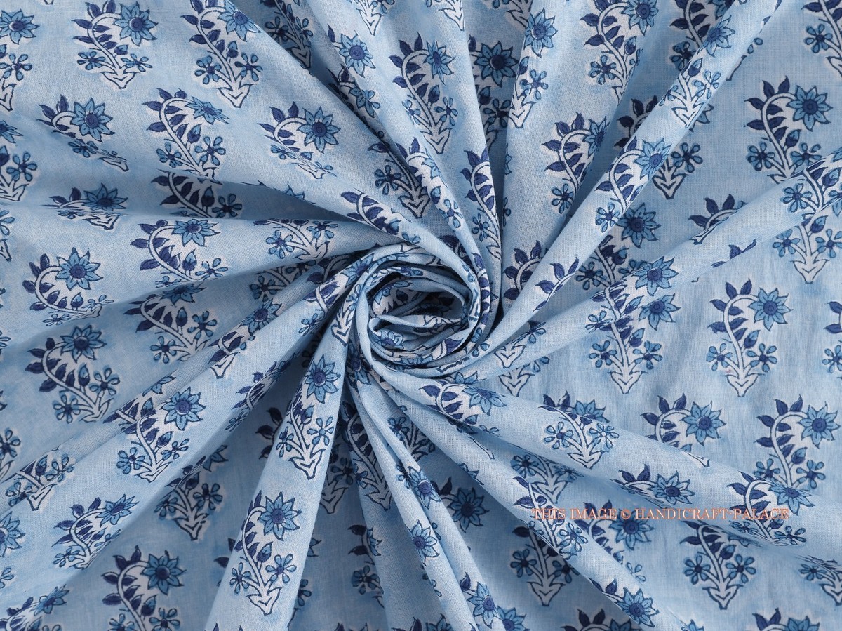 Cotton Fabric Textile ImprimÃ© Indian Hand Block Print Blue Flower