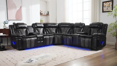 NEW LED Black Leather 2-Recliner Sectional Set Bluetooth Speaker & USB Charging