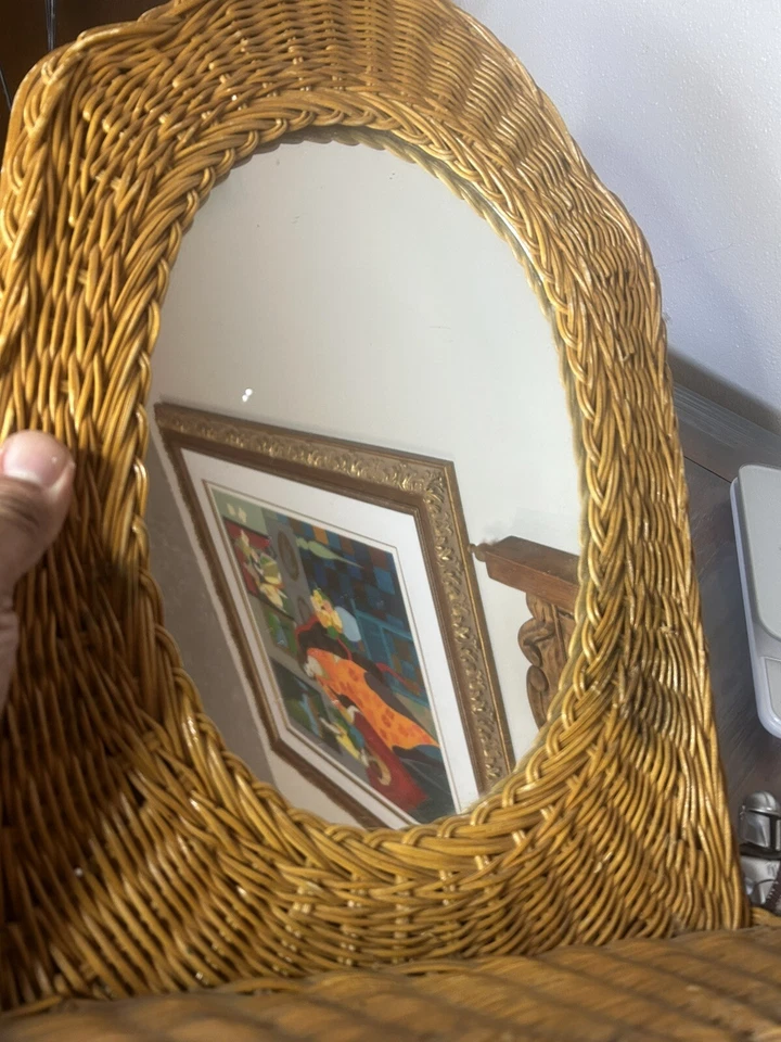 Vintage Natural Wicker Wall Mirror with Shelf Coastal Decor Made In Hong Kong - Image 3 of 4
