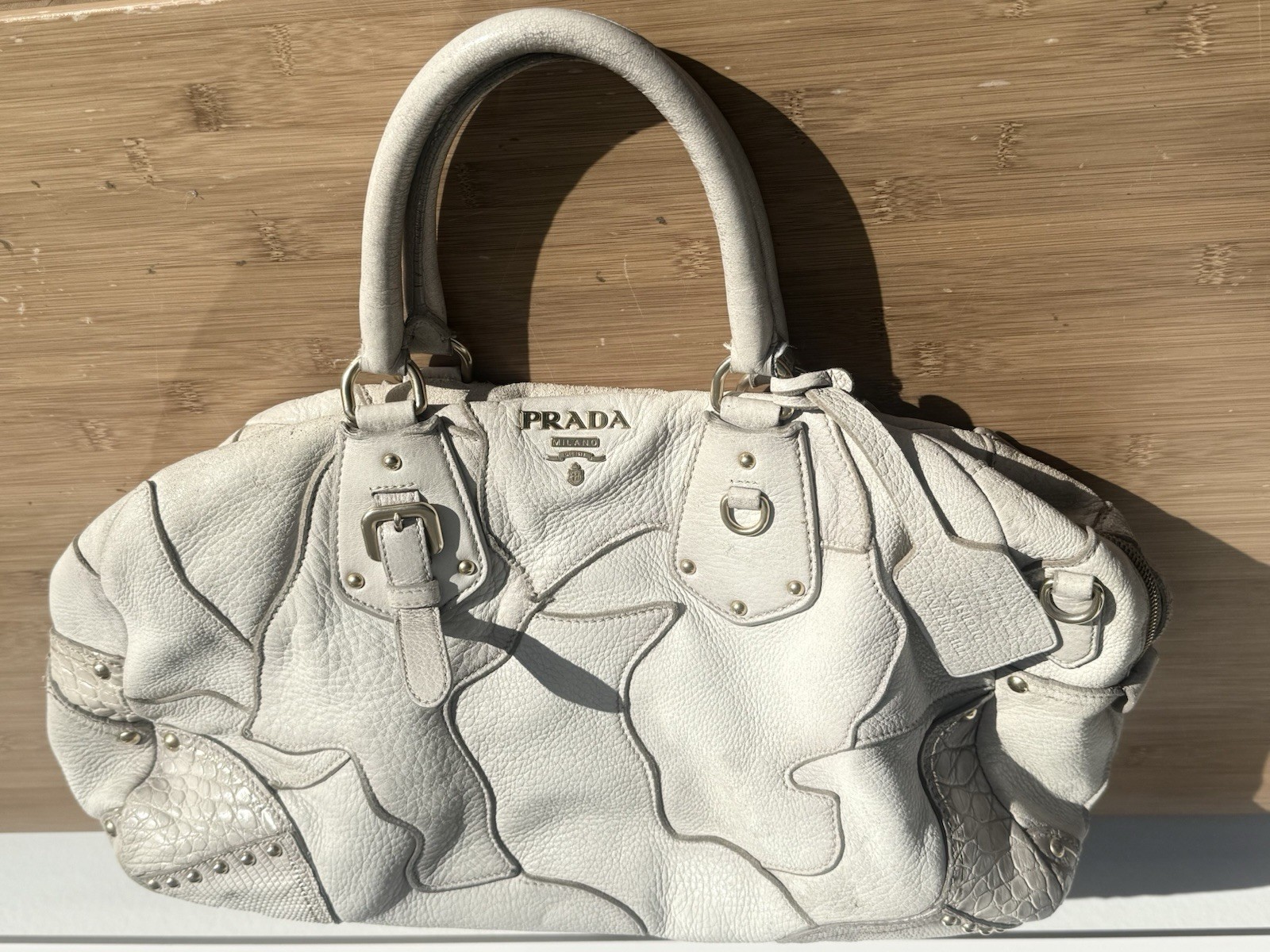 Authentic Prada Cervo Patchwork Bowler Bag Ivory … - image 22