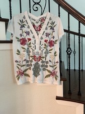 Johnny Was Button Neck Knit Top Large Might Fit XL Butterfly Floral Embroidered