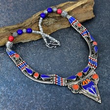 Collar de joyería nepalí de plata maciza 925 hecho a mano con piedras preciosas de lapislázuli y coral