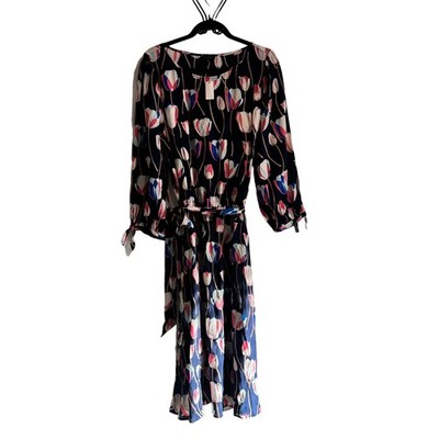 New Talbots Fit & Flare Dress Blue Boat Neck Belted Waist 3/4 Sleeve Sz L