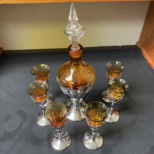 Cambridge Glass Krome Kraft Farber Bros Amber Decanter & 6 Wine Glasses, stopper