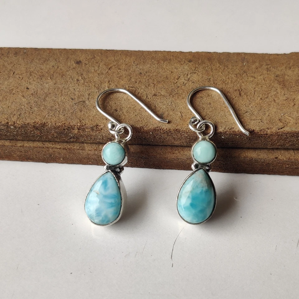 Impresionante Pendiente de Piedras Preciosas Larimar Plata de Ley 925 Pendiente de Diseñador PG8359 Foto 3 de 4