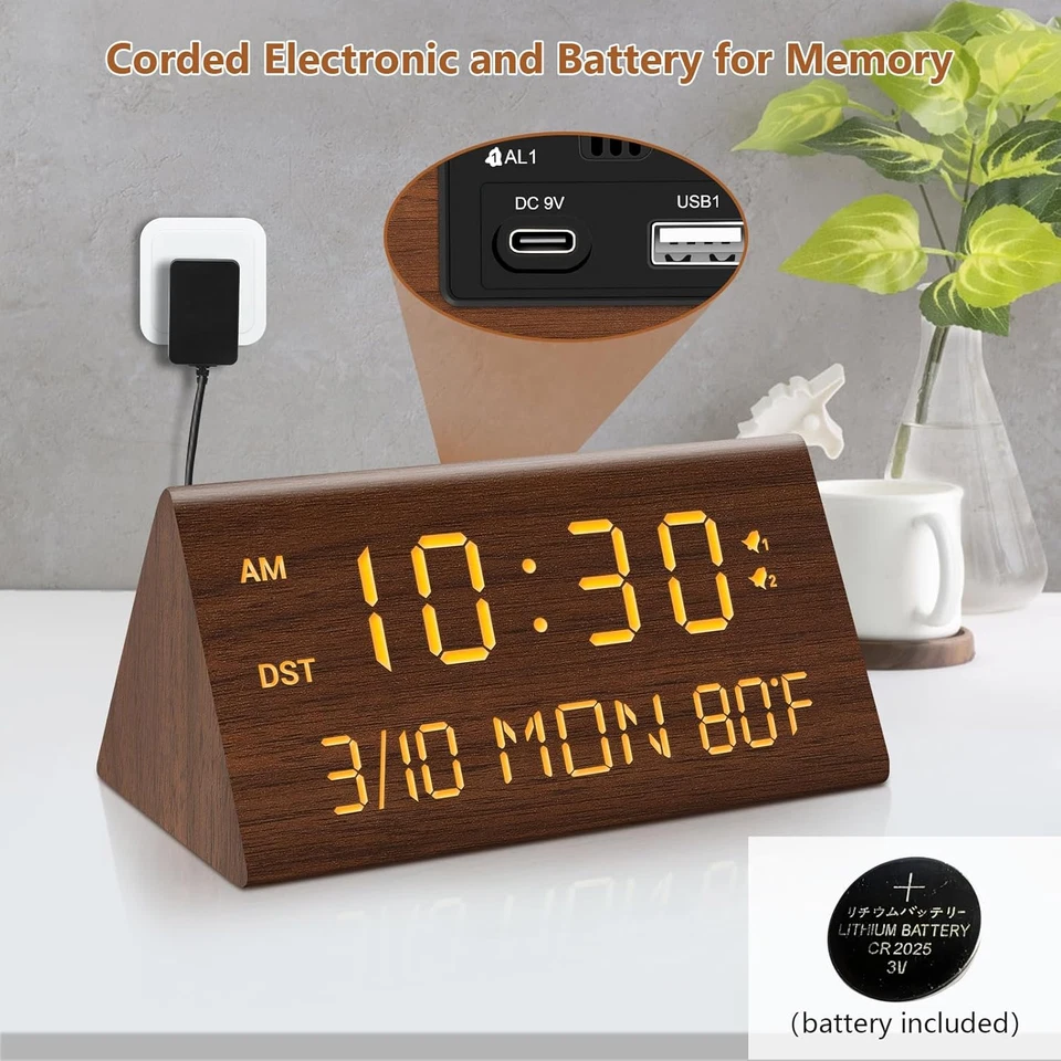 Reloj despertador digital de madera, 0-100% atenuador, 2 ajustes de alarma, lunes de semana/día Foto 2 de 4