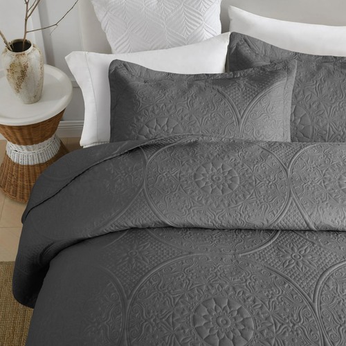 3 Piece Embossed Quilted Bedspread Set Twin Queen King Size Coverlet Bed Throws - Picture 129 of 207
