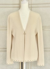 St John Sport Marie Gray Ivory Wool Knit Evening Sweater Pearl Detail Lovely M