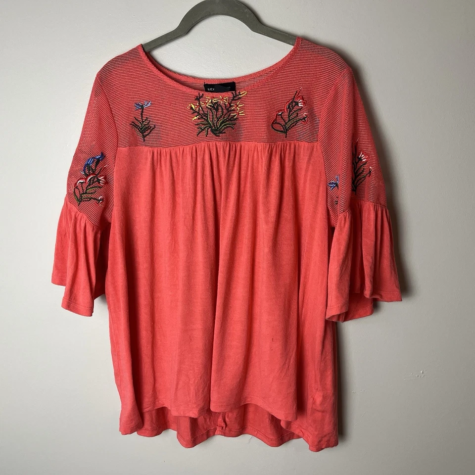 Liz Claiborne Top Size Large Blouse Shirt Floral Embroidered Mesh Upper Coral - Image 2 of 4