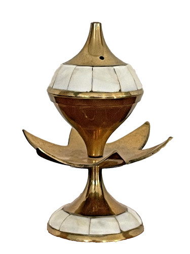 Unmarked Brass Incense Burner Mother Of Pearl Inlay Agarbatti Stick Holder VTG