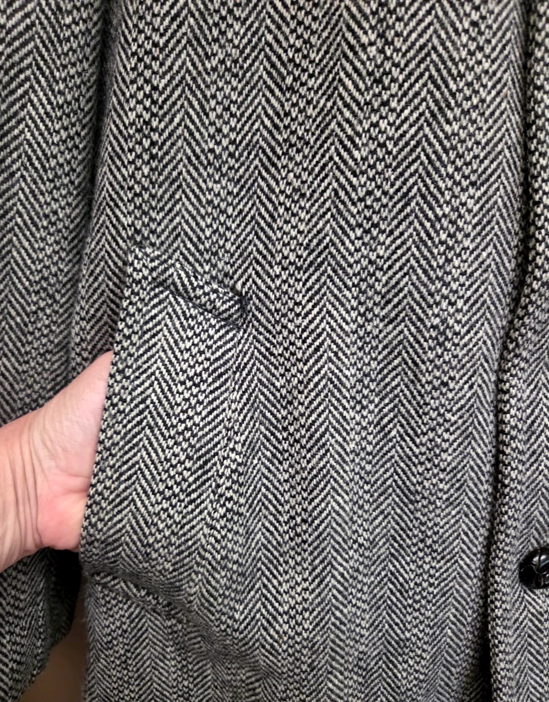 VINTAGE Land-N-Lakes 60s Car Coat XL Black Herringbone Faux Fur Jacket USA 70s - product detail image 8