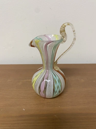 Murano Latticino Lace Ribbon Art Glass Pitcher Zanfirico- multicolor