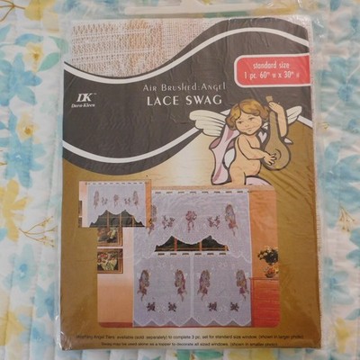 Vintage Whimsigoth Cherub Lace Curtain Swags White Pink 60'' Wide x 30'' H