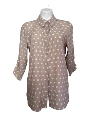 Susan Graver Beige & White Polka Dot Button Up Blouse Top 3/4 Ruched Sleeve M