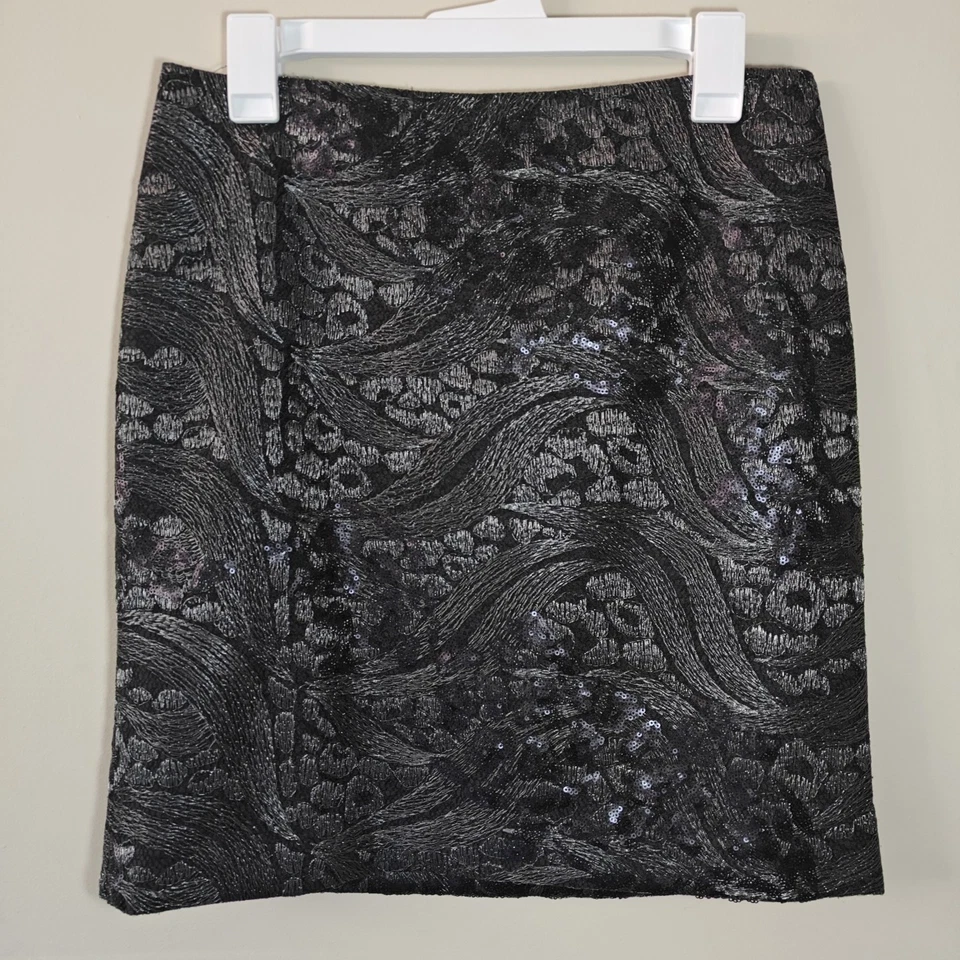 ANN TAYLOR Sz 6 Black Gray Silver Metallic Sequin Lined Mini Pencil Skirt — 第 3/4 张图片