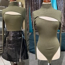 Fashion Nova Olive Green Ribbed Turtleneck Cutout Long Sleeve Bodysuit Size L