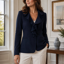 Ralph Lauren Ruffle Lapel Collar Wool Blazer Jacket Size 6 Navy Blue Office