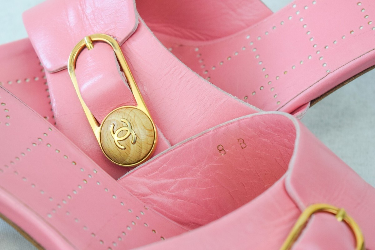CHANEL Leather Open Toe Mules Heels 38 7 Pink Buckle CC Logo