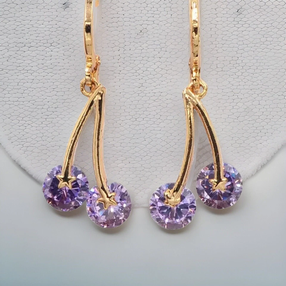 Минималистские серьги из золота 14 карат с лавандовым топазом и вишней ПРОДАВЕЦ ИЗ США - Изображение 4 из 4