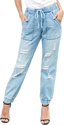 Elapsy Womens Distressed Jeans Wash Demin Joggers Loose Fit Sky Blue 2XL