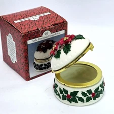 1993 Artmark Jade Porcelain Hinged  Poinsettia Holly Christmas Trinket Box 3"