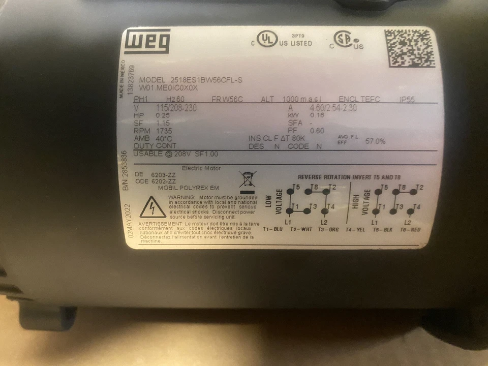WEG 1/4 HP motor .2518ES1BW56CFL-S - Image 3 of 4