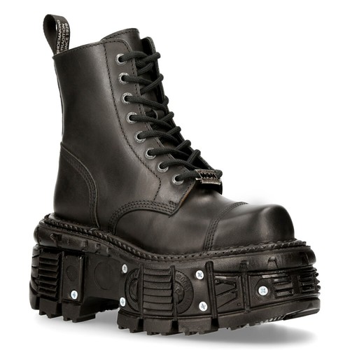 NEW ROCK BOOTS TANK083-C1 Real Leather Combat Black Platform Biker Military Shoe - Afbeelding 1 van 8