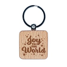 Joy to the World Snowflakes Christmas Engraved Wood Square Keychain Tag Charm