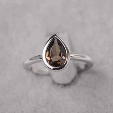 Luxurious Smoky Quartz Pear Cut Gemstone 925 Sterling Silver Women Handmade Ring