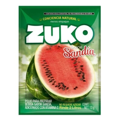 ZUKO MEXICANO SABOR SANDÍA - 10 SOBRES 13g c/u - CADA SOBRE RINDE 2 LITROS.