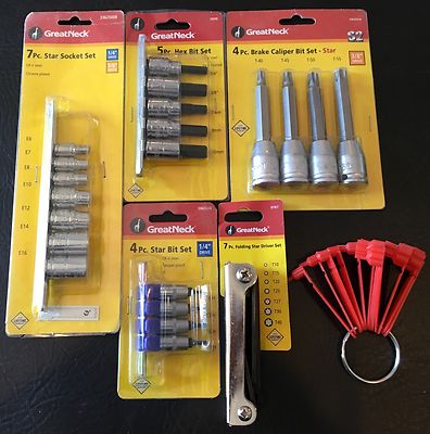 LOT OF 5 GREAT NECK TOOL SETS INCLUDING TORX, E-TORX, HEX, ETC. 