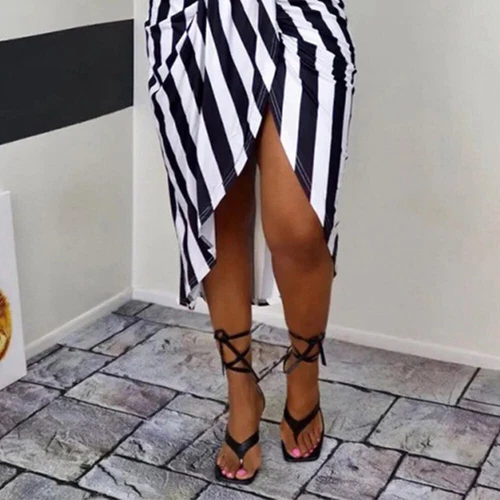 Women's Striped Sexy Cold Shoulder Midi Dress Summer Holiday Party Split Dresses - Imagen 15 de 23