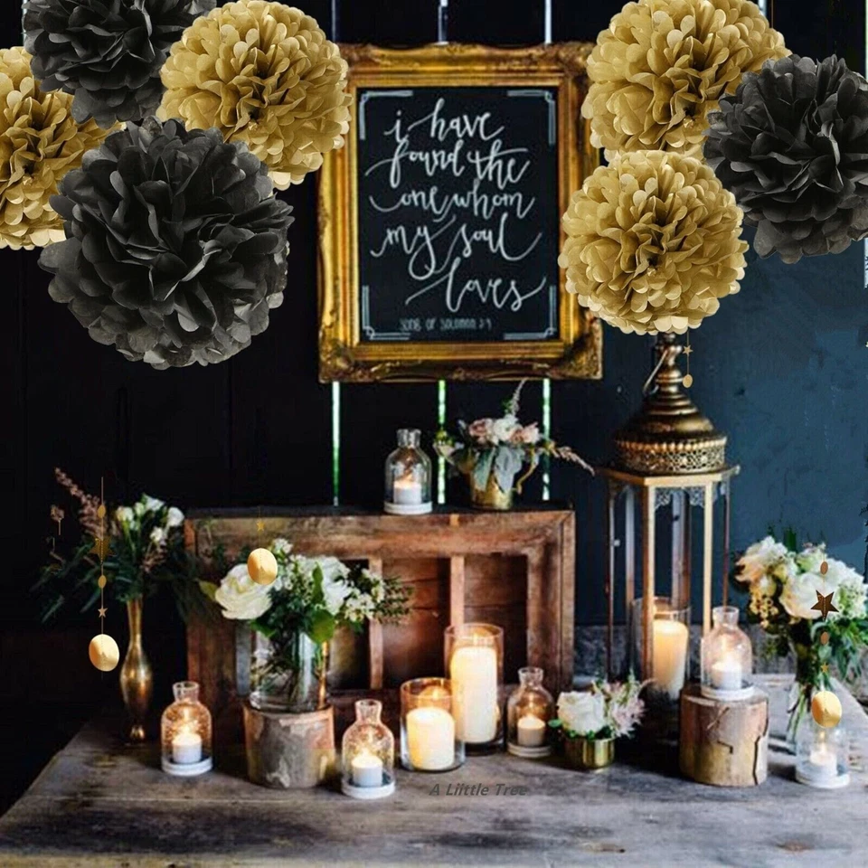 18PCs GOLD Mix Tissue Pom Poms Paper Pompom Flower Ball Birthday Christmas Party - Image 4 of 4