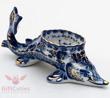 Gzhel Porcelain Caviar server bowl holder fish "Sturgeon" Acipenser Hand painted